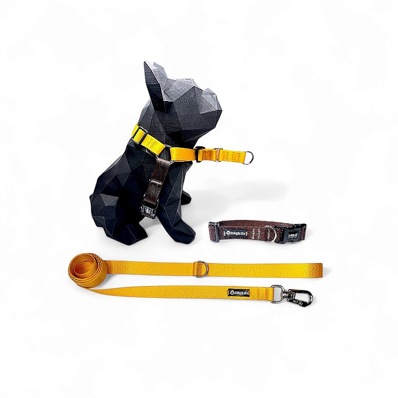 Kit Peitoral Y Antipuxão para cachorros com Coleira e Guia Cúrcuma