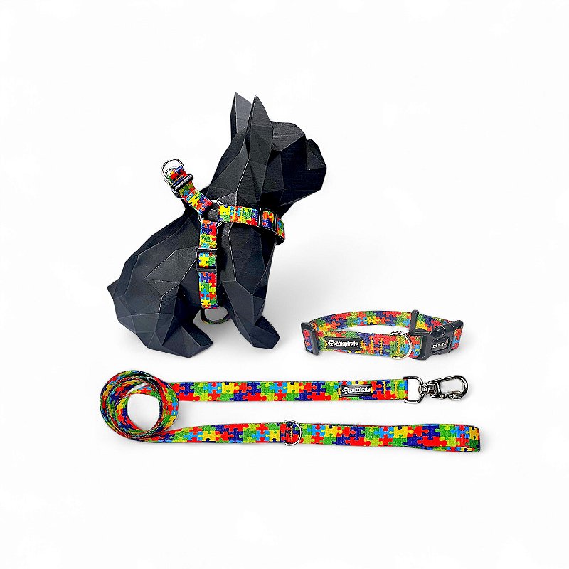 Kit Peitoral Americano para cachorros com Coleira e Guia Quebra-Cabeça Autismo Suporte Emocional