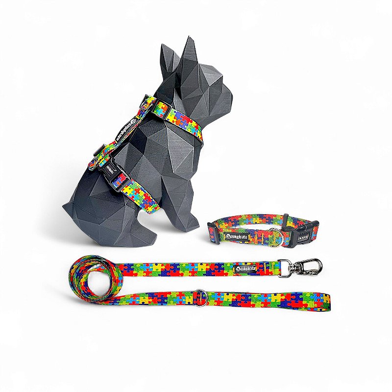 Kit Peitoral H antipuxão para cachorros com Coleira e Guia Quebra-Cabeça Autismo Suporte Emocional