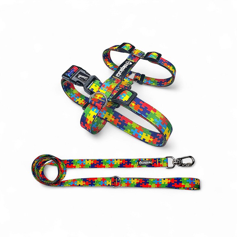 Kit Peitoral H antipuxão para cachorros com Guia Quebra-Cabeça Autismo Suporte Emocional