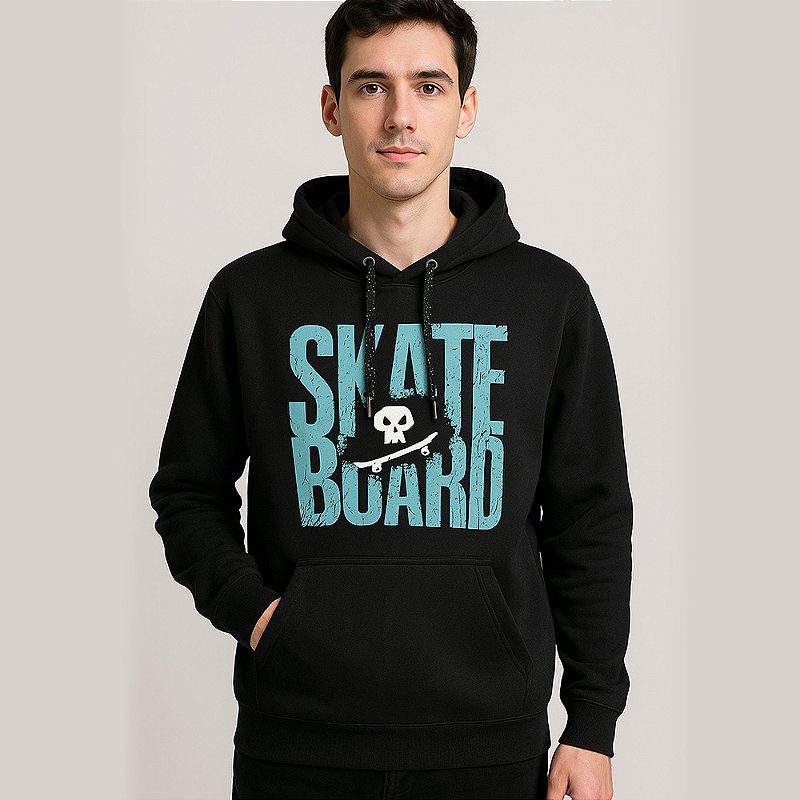 Blusa de Moletom - Estampa Skate Board - com Capuz e Bolso Canguru