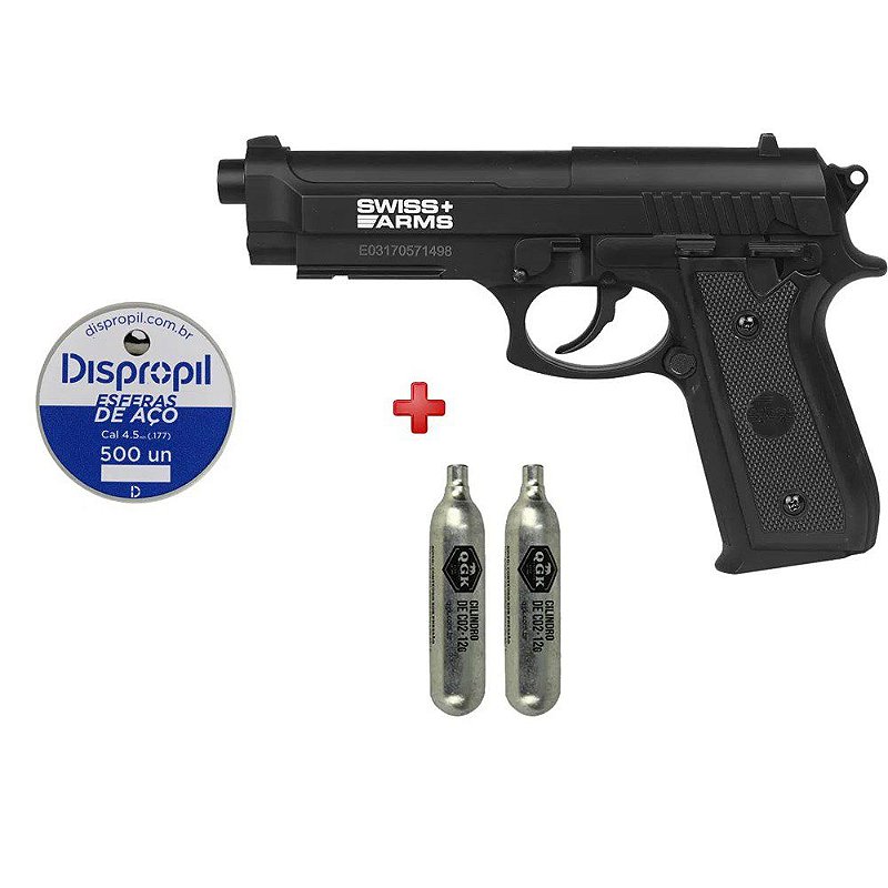 Pistola de Pressão CO2 Swiss Arms P92 4.5mm + 2 Co2 + Esferas de
