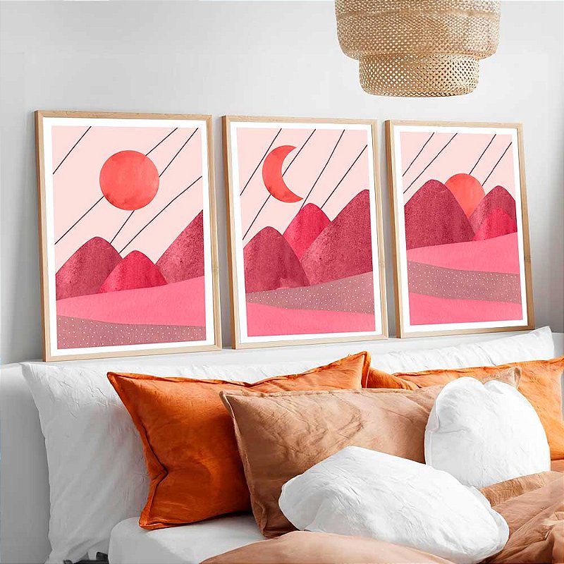 Combo 3 Quadros Com Moldura Paisagem Vermelha Sol E Lua