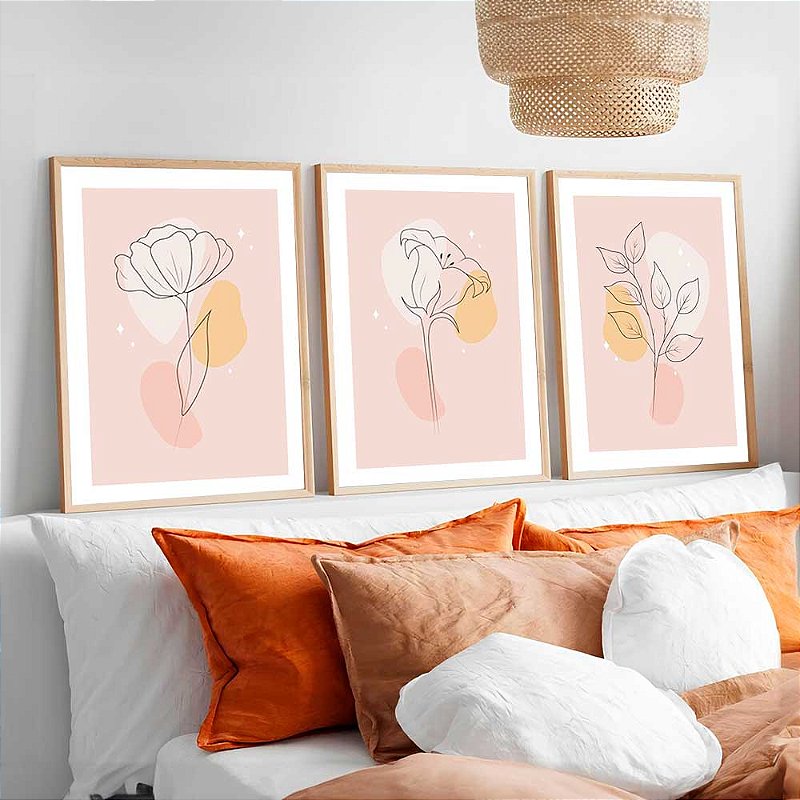 Combo De 3 Quadros Decorativos Com Moldura Flor Rosa Minimalista
