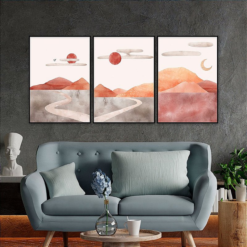 Kit de 3 Quadros Paisagem Com Moldura Abstrata Montanhas Sol Lua