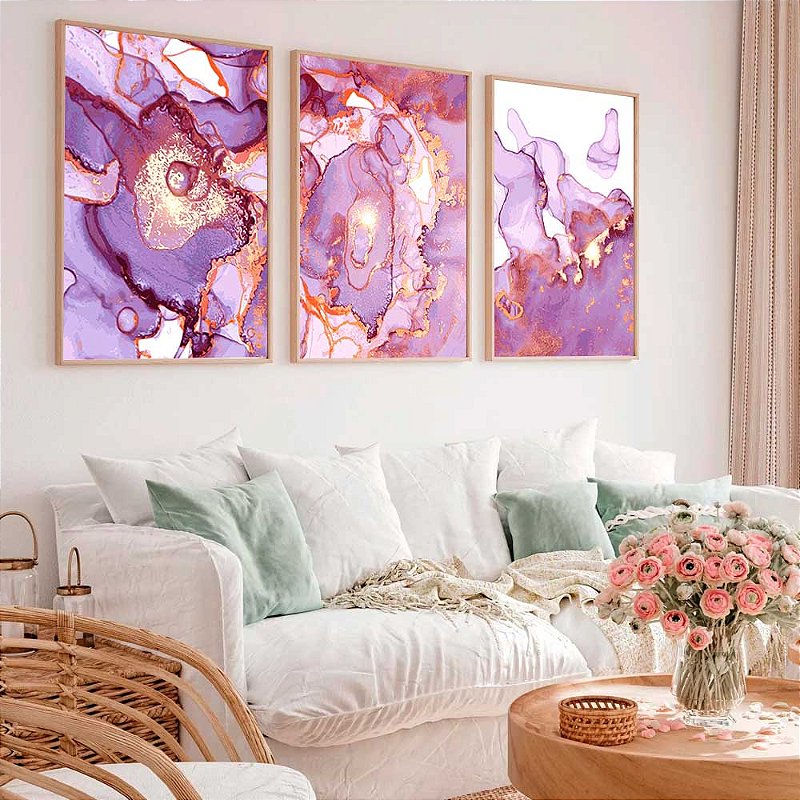 Combo De Quadros Decorativos Com Moldura Marmorizado Abstrato Violeta