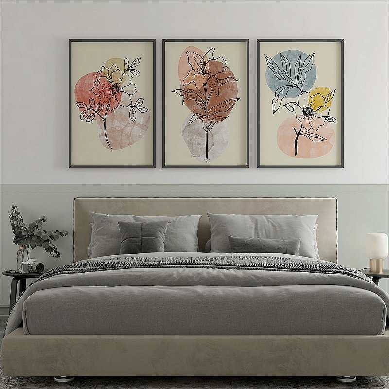 Kit De 3 Quadros Decorativos Folhagem Abstrata Multicolorida