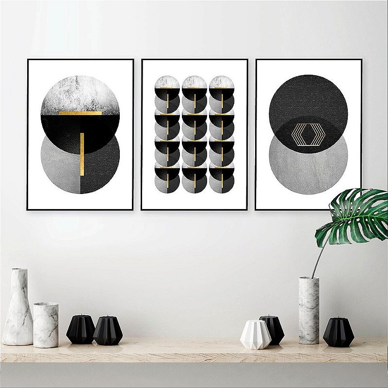 Kit 3 Quadros Decorativos Com Moldura Grey Gold Black Art