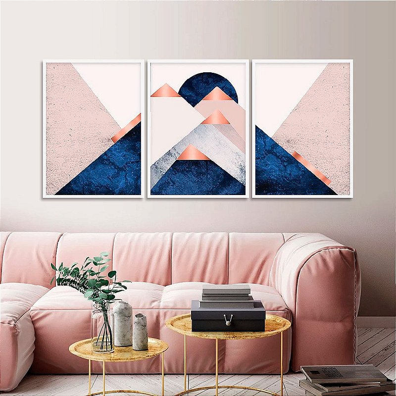 Kit 3 Quadros Decorativos Com Moldura Pirâmides Rose