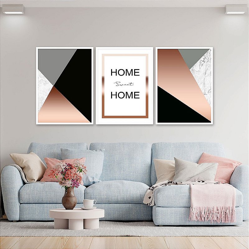Kit 3 Quadros Decorativos Com Moldura Home Sweet Home Abstrato