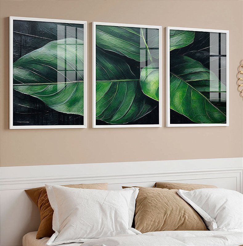 Kit 3 Quadros Com Moldura Verde Folhagem