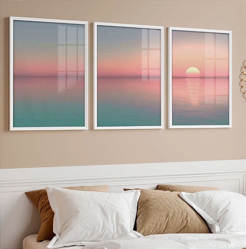 Kit 3 Quadros Com Moldura Doce Horizonte