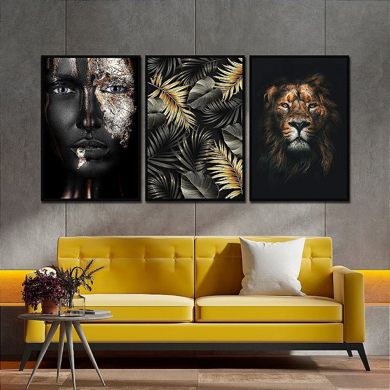 Kit 3 Quadros Decorativos Com Moldura Tropical Black Lion Africano