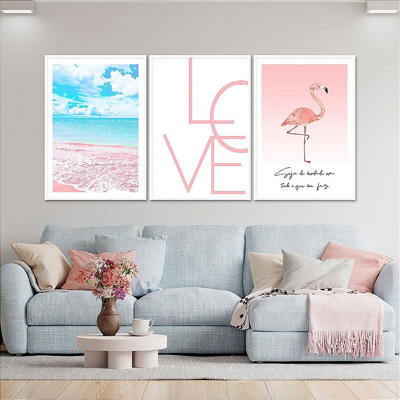 Kit 3 Quadros Decorativos Com Moldura Love Flamingo Moderno