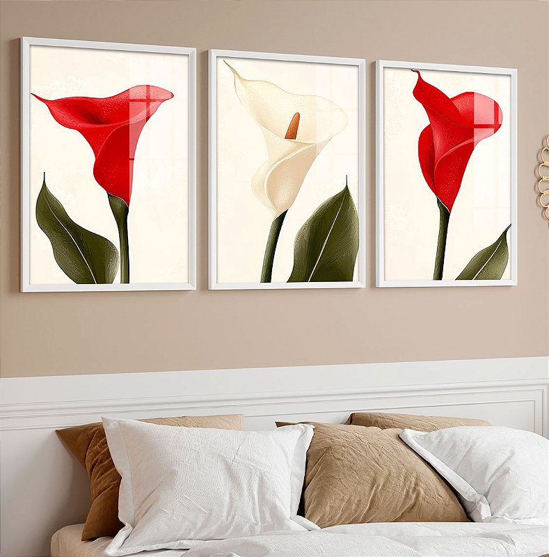 Kit 3 Quadros Com Moldura flores copos de leite