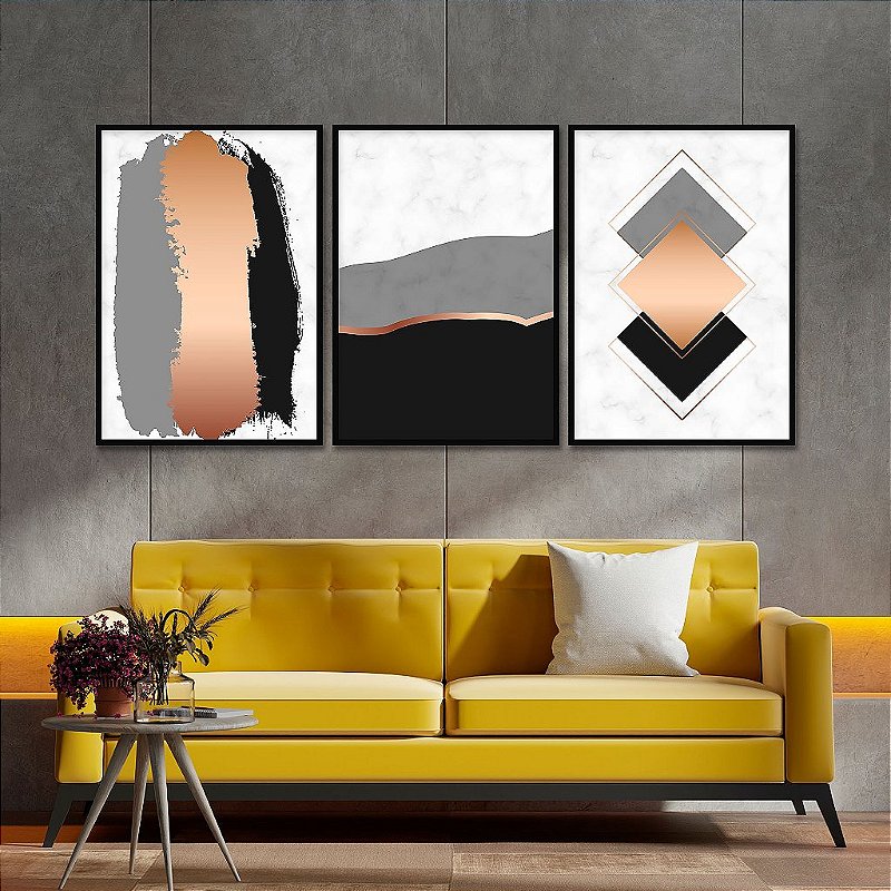 Kit 3 Quadros Decorativos Com Moldura Textura Metálica Black And Gold