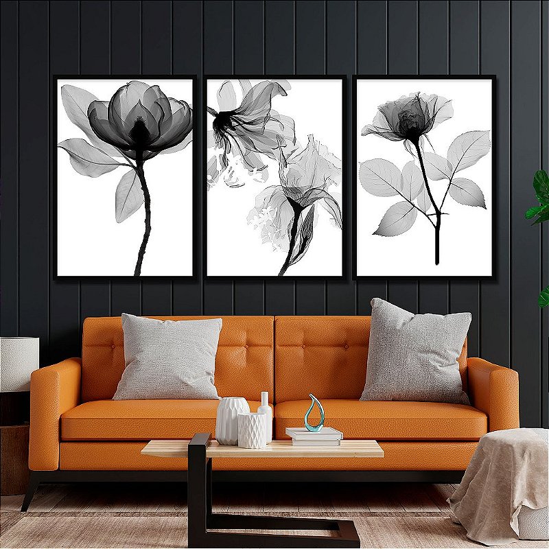 Kit 3 Quadros Decorativos Com Moldura Flores Fluidas P&B