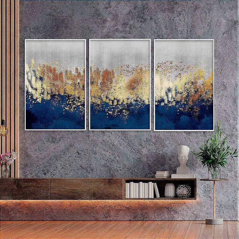 Kit 3 Quadros Decorativos Com Moldura Sky Full Stars Gold