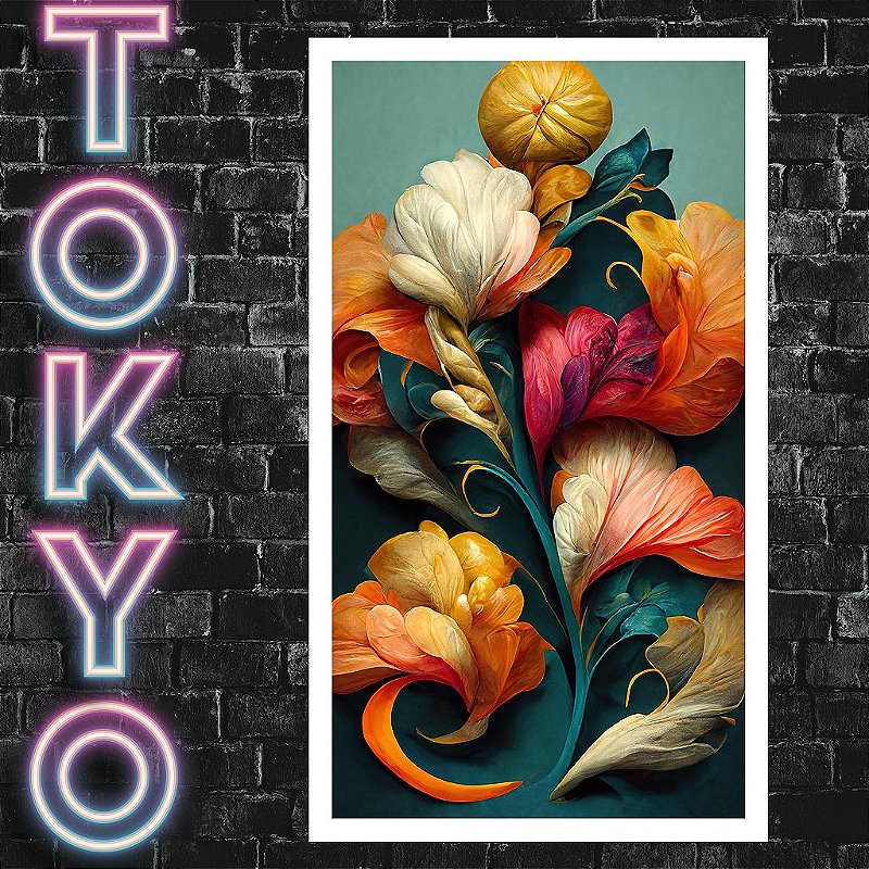 Kit Quadros Decorativos Com Moldura Flores Japonesas Tokyo Cyberpunk