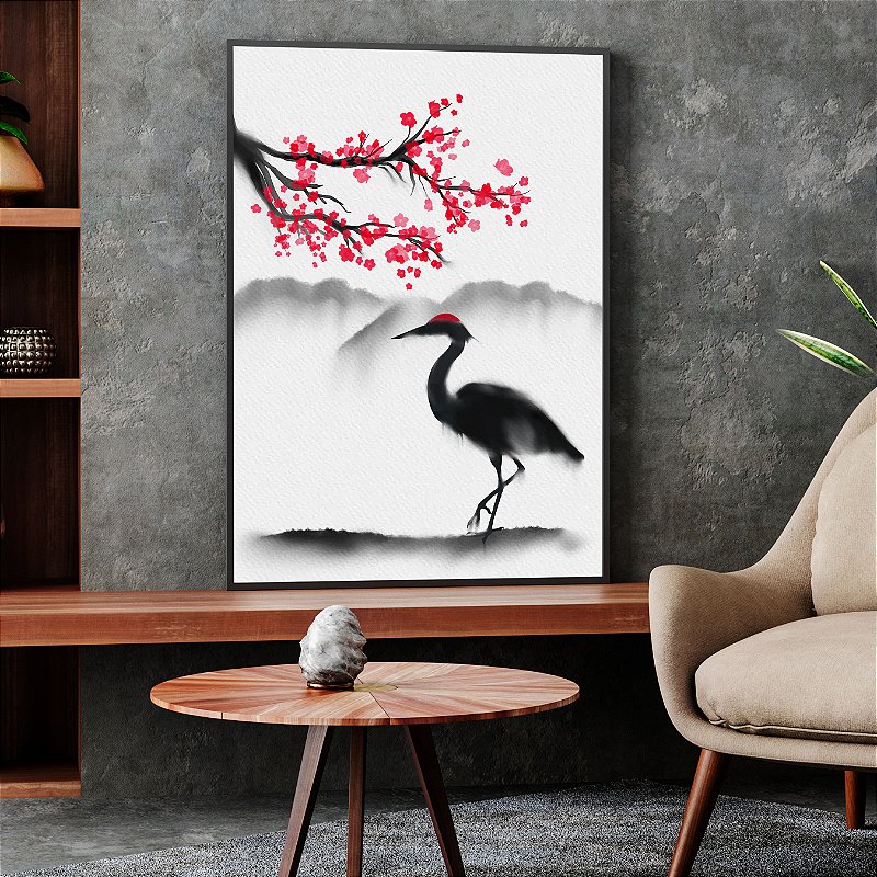 Quadro Com Moldura Garça e a Cerejeira