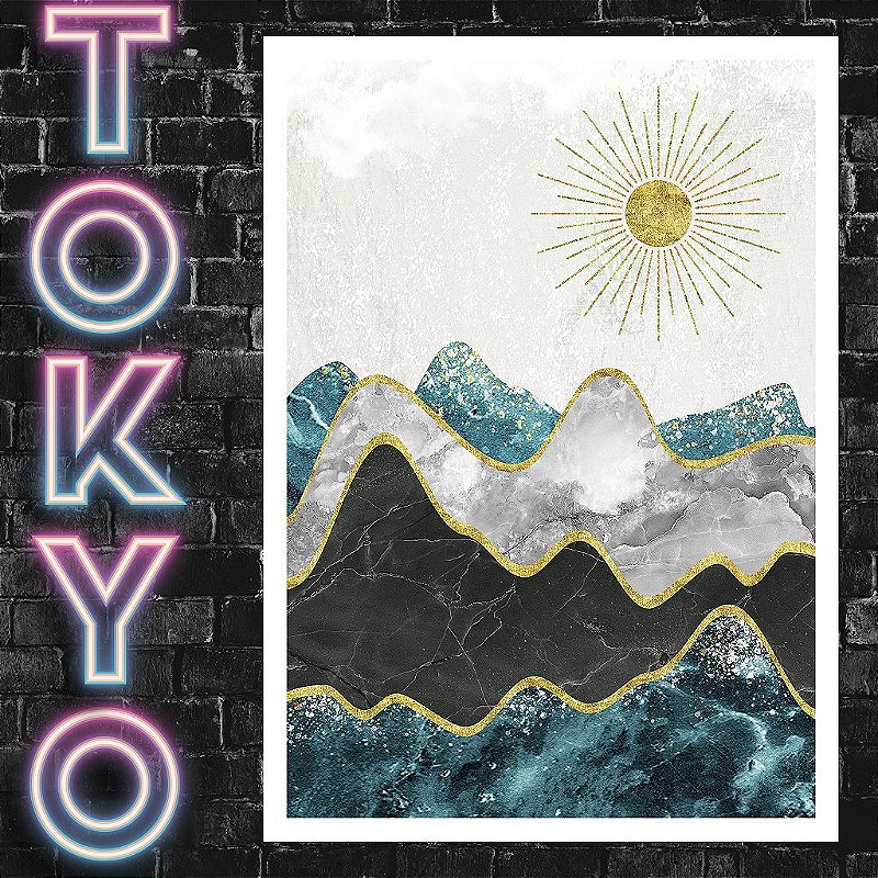 Kit Quadros Decorativos Com Moldura Sol Montanha Azul e Dourado Japan Tokyo