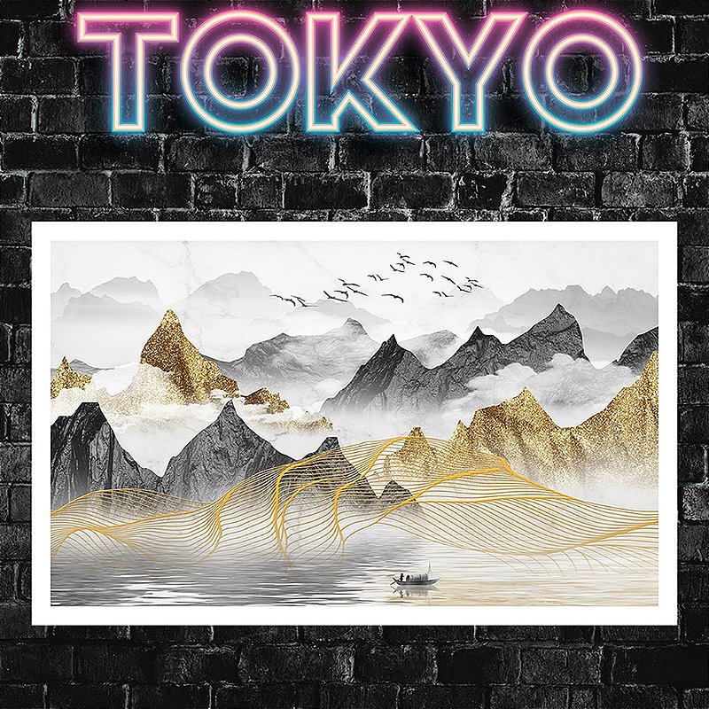 Kit Quadros Decorativos Com Moldura Montanhas Gold Tokyo Japan