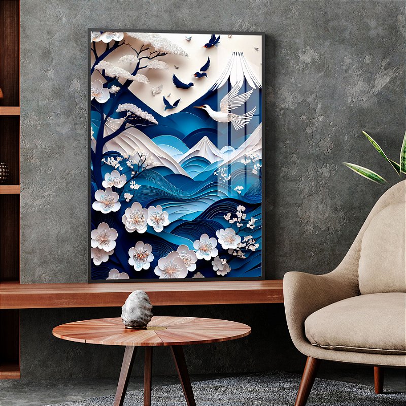 Quadros Com Moldura Paisagem Azul e Branco Japan Art