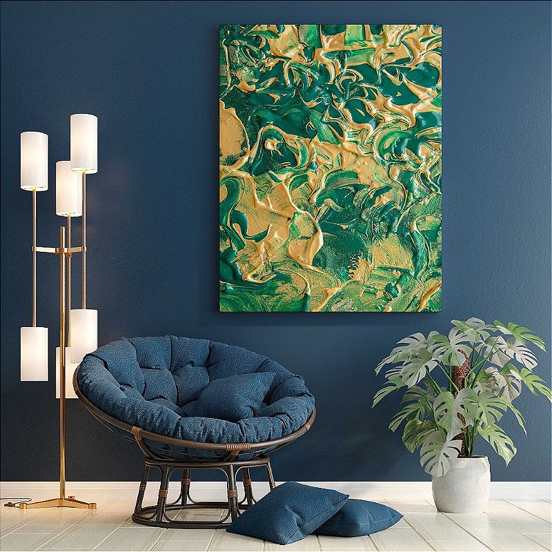 Quadro Decorativo Em Tecido Canvas Pintura Abstrata Verde e Dourada