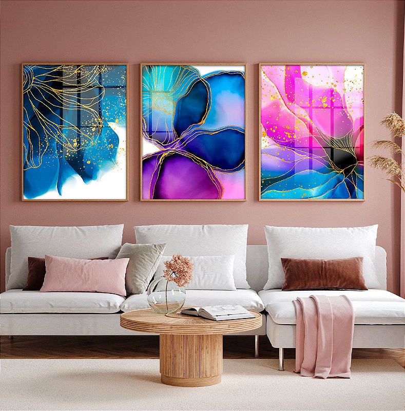 Kit 3 Quadros Decorativos Com Moldura Penas Douradas Abstratas