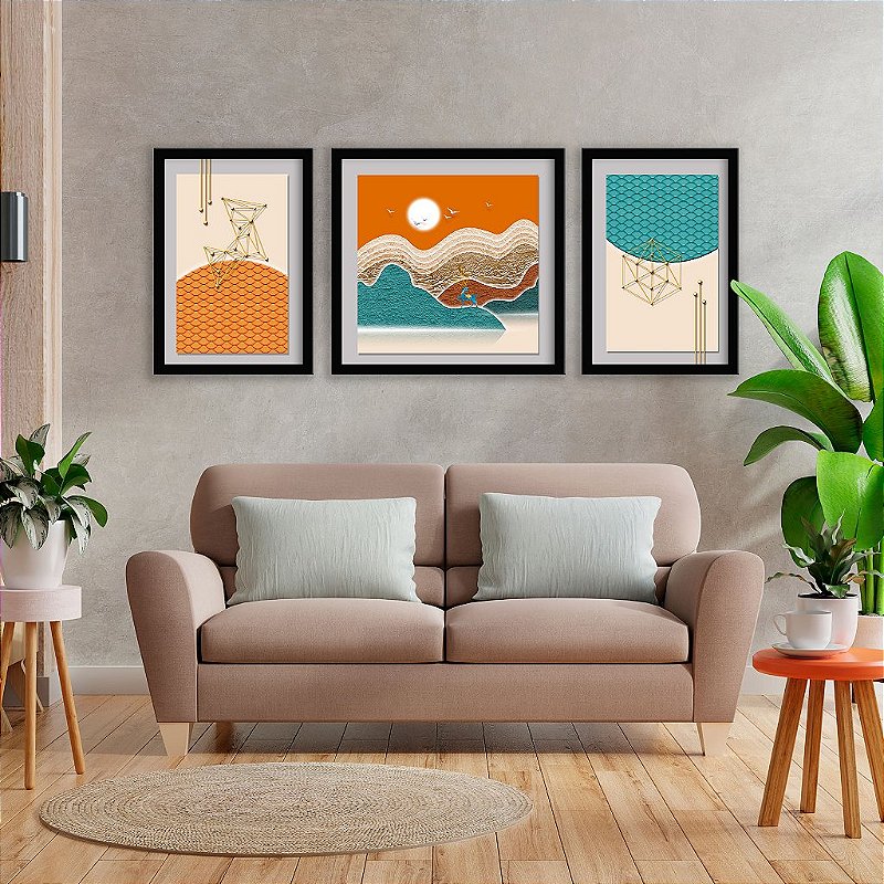 Kit Quadros Decorativos Com Moldura Paisagem Abstrata Laranja E Azul