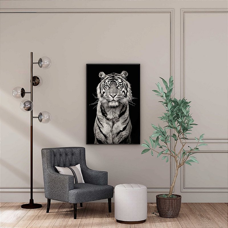 Quadro Decorativos Em Tecido Canvas Tigre Preto e Branco