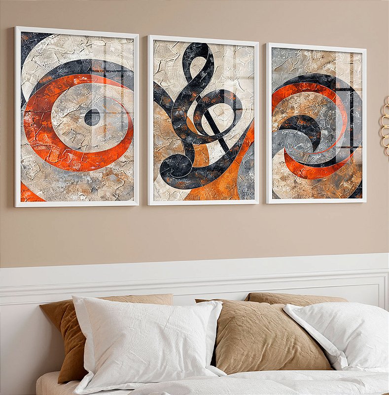 Kit 3 Quadros Com Moldura Abstrato Musical