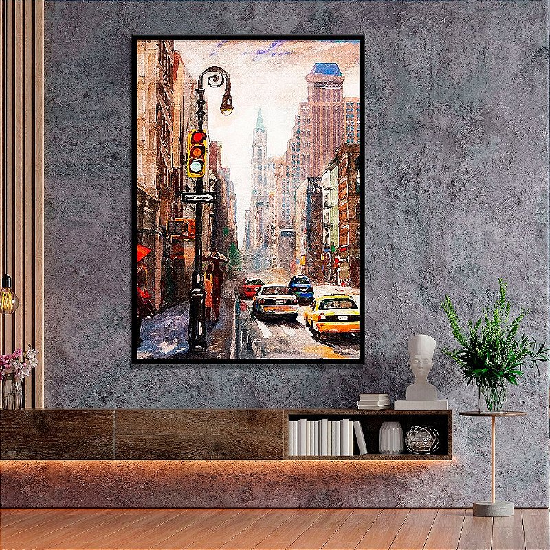 Quadro Decorativo Com Moldura Arte Pintura Táxi Manhattan