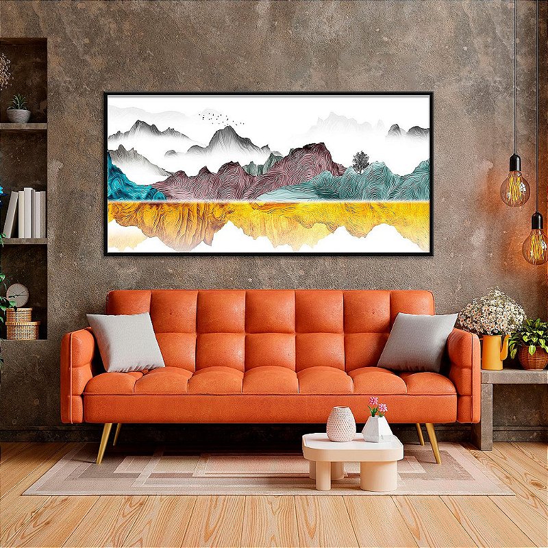 Quadro Decorativo Com Moldura Montanha Minimalista Com Árvore