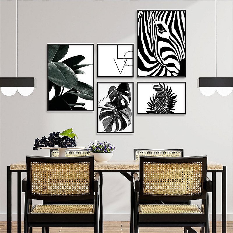 Kit 5 Quadros Decorativos Com Moldura Zebra Folhagem P&B