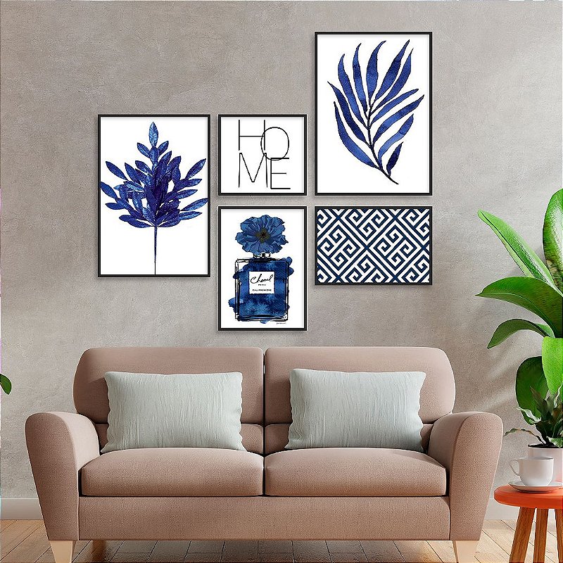 Kit 5 Quadros Decorativos Com Moldura Home Flores Azul