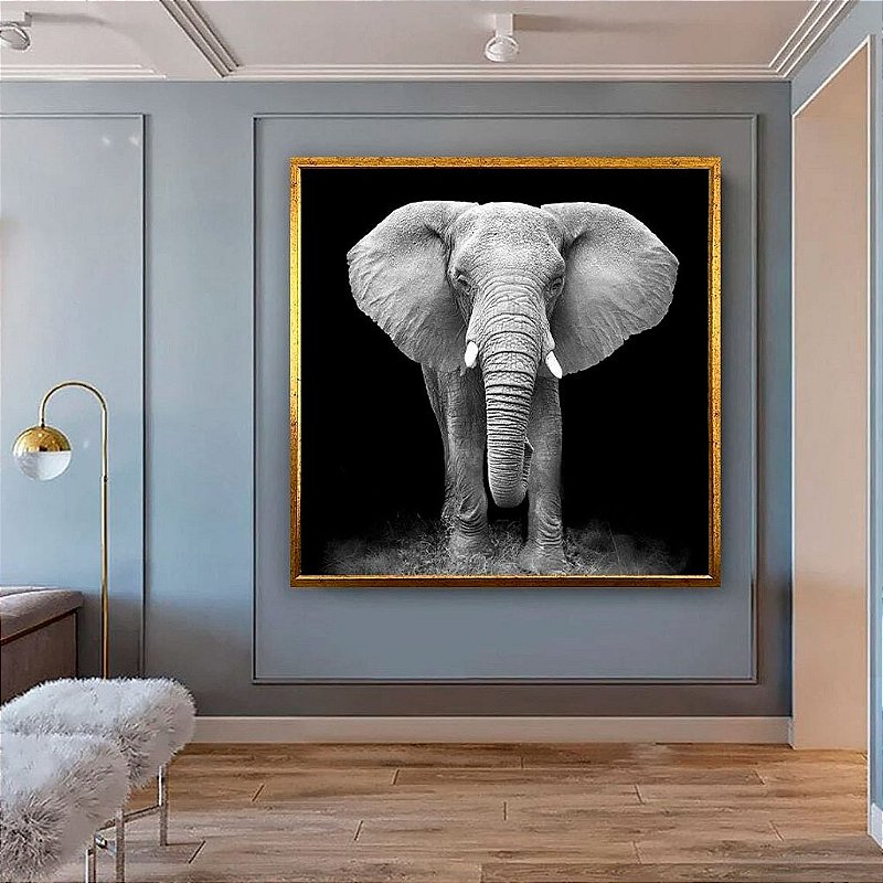 Quadro Decorativo Com Moldura Elefante Preto & Branco Moderno