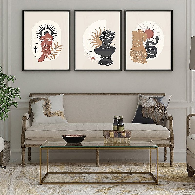 Trio Quadros Decorativos Esculturas Gregas Minimalistas