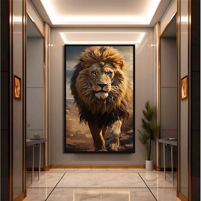 Quadro Decorativo Leão Caminhando Pintura Realista