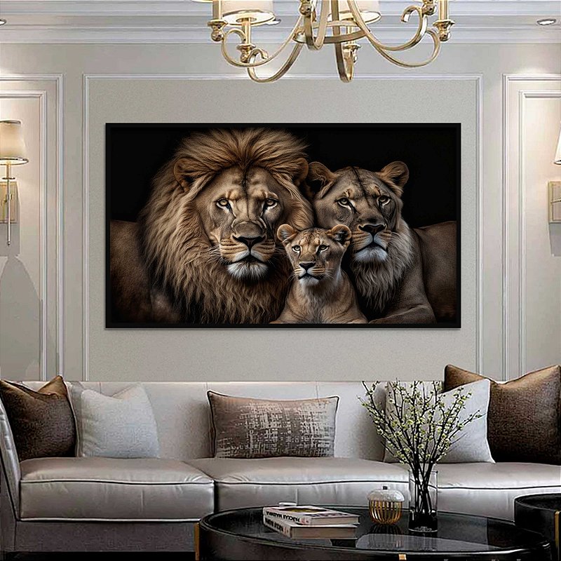 Quadro Decorativo Família de Leões Tons de Preto