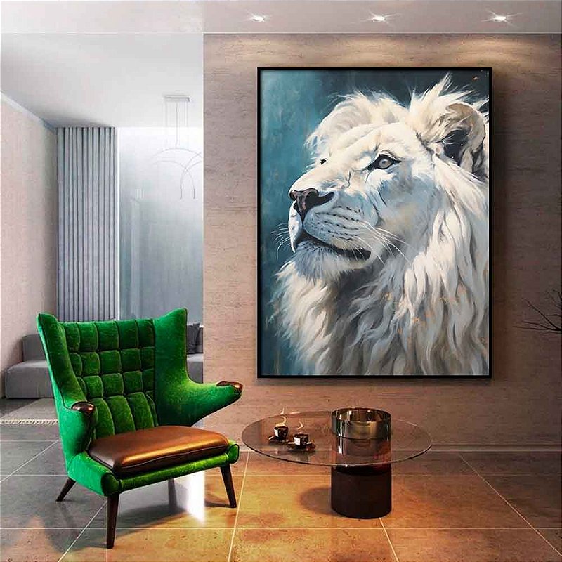 Quadro Decorativo Leão Branco Coração de Leão