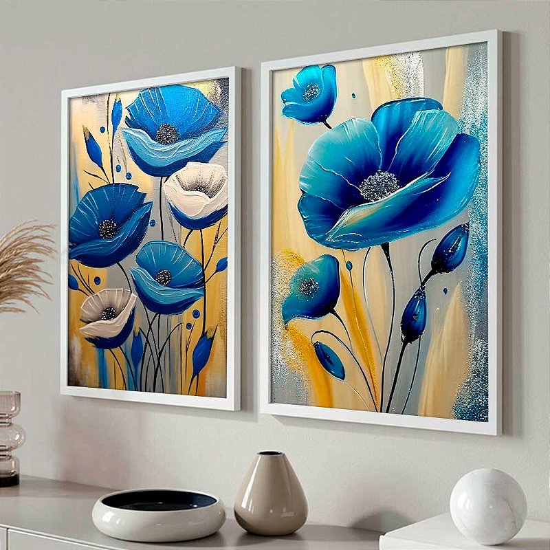 Quadros Decorativos Floral Tons Azuis Traços de Tintas