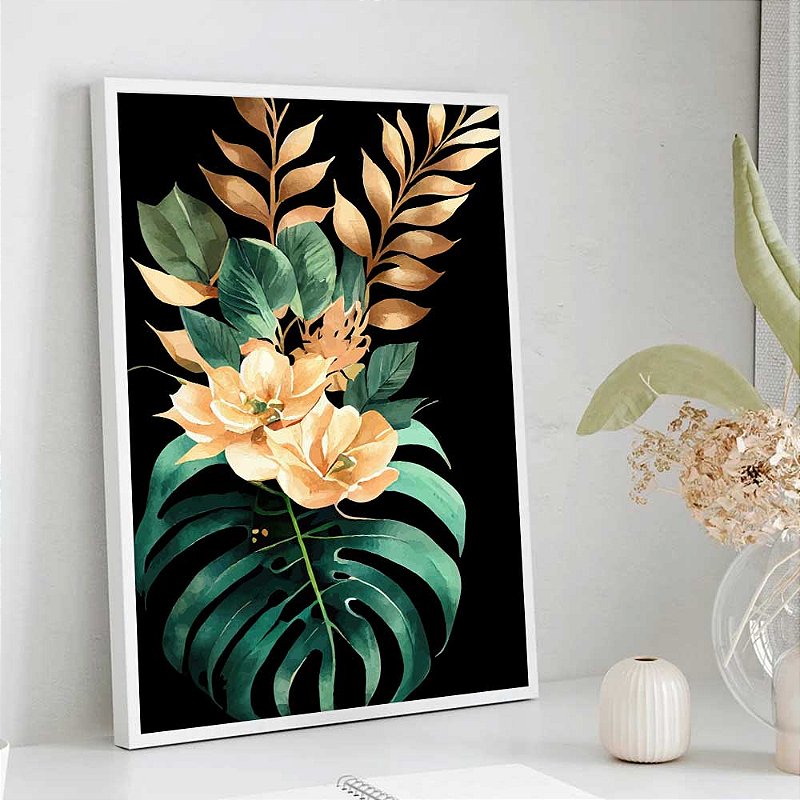 Quadro Decorativo Floral Em Aquarela Jardim De Flores Fundo Preto