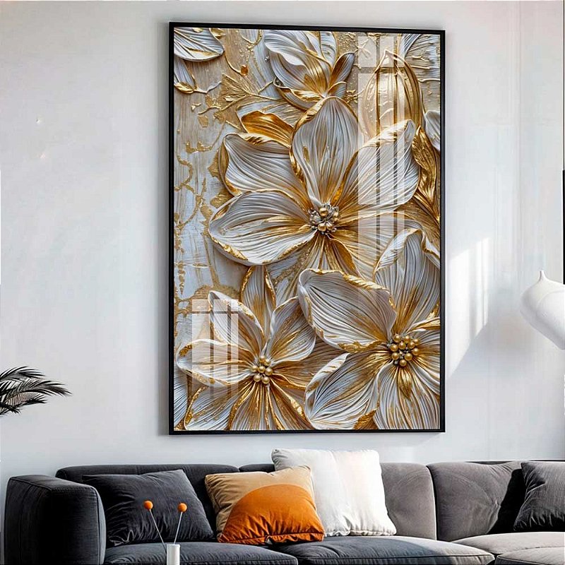 Quadro Decorativo Flores Brancas Texturas Douradas