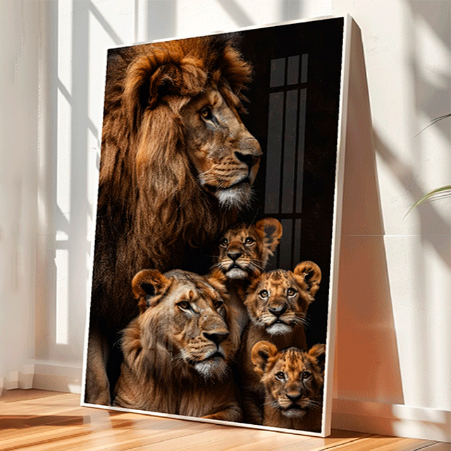 Quadro Decorativo Arte Família De Leão 3 Filhotes