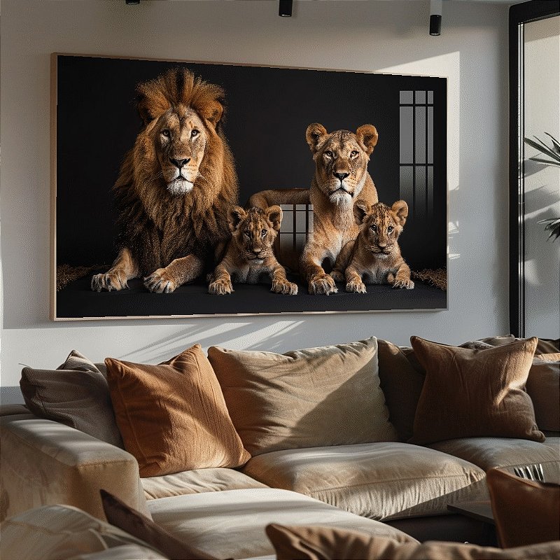Quadro Decorativo Família De Leão 2 Filhotes Fundo Cinza