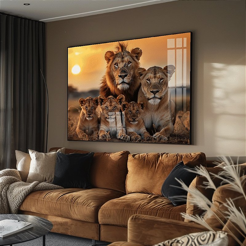 Quadro Decorativo Família De Leão Amor Fraterno Savana
