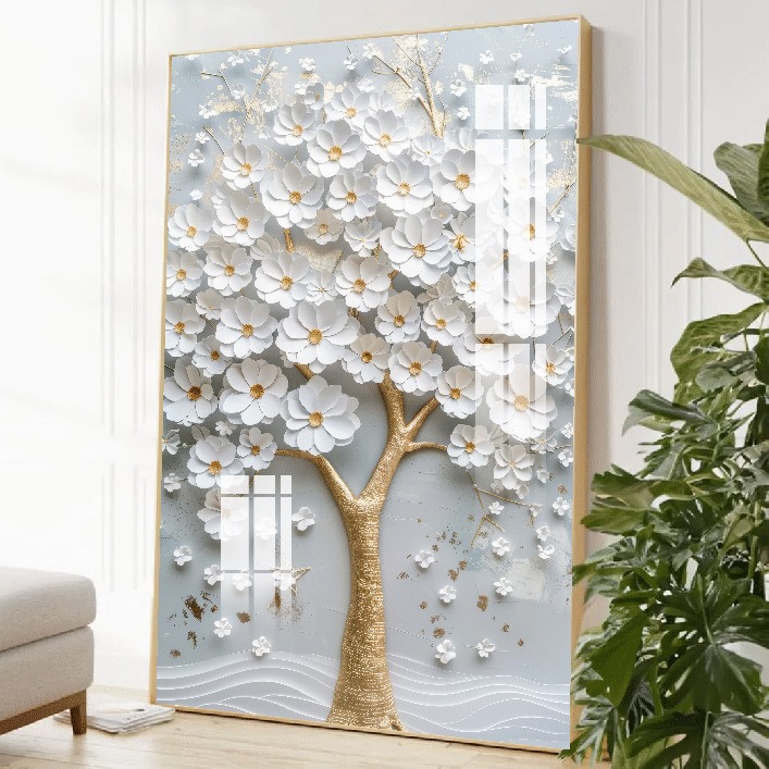Quadro Decorativo Arvore Da Vida Branco E Dourado
