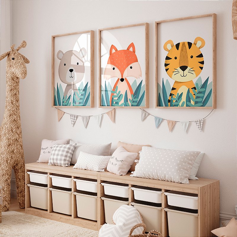 Kit 3 Quadros Decorativos Infantil Tigre Urso Raposa