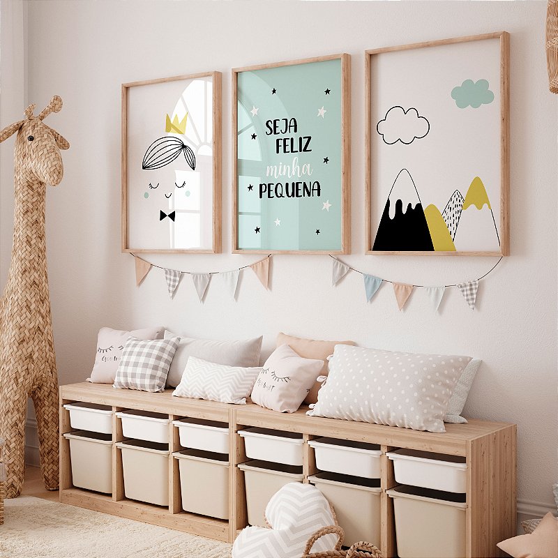 Kit 3 Quadros Infantil Seja Feliz Minha Pequena Montanhas Princesa